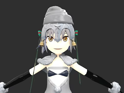 Cute Game Anime Character With Grey Hat White Outfit Yellow Eyes And Green Ribbons 3d model