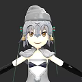 Cute Game Anime Character With Grey Hat White Outfit Yellow Eyes And Green Ribbons