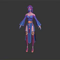 Game Movie Character With Purple Hair Blue Off Shoulder Top Wide Sleeves Golden Belt And Colorful Patterns