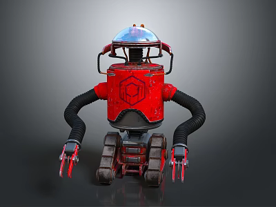 Red Robot Machinery With Tracked Base Black Mechanical Arms Transparent Dome And Hexagonal Logo 3d model