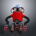 Red Robot Machinery With Tracked Base Black Mechanical Arms Transparent Dome And Hexagonal Logo