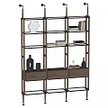 Modern Storage Shelf with Metal Frame Glass Shelves and Wooden Drawers Holding Books Decorative Items