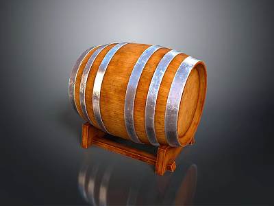 Decorative Wooden Barrel With Silver Metal Hoops On Wooden Stand For Home Decoration 3d model