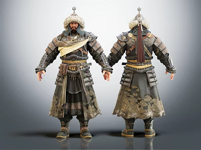 Ancient Warrior Character 3D Model With Traditional Armor Helmet And Robe Details Front Back View 3d model