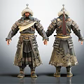Ancient Warrior Character 3D Model With Traditional Armor Helmet And Robe Details Front Back View