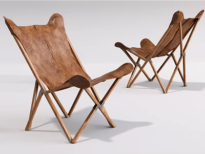 Brown Leather Folding Leisure Chairs With Wooden Frame And Minimalist Design 3d model