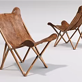 Brown Leather Folding Leisure Chairs With Wooden Frame And Minimalist Design
