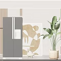 Gray Double Door Refrigerator With Water Dispenser In Room With Abstract Painting And Cat Figurine