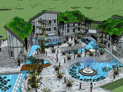 Boutique Guesthouse Building With Green Roof Courtyard Water Fountain Stone Walkways And Lush Plants 3d model