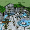 Boutique Guesthouse Building With Green Roof Courtyard Water Fountain Stone Walkways And Lush Plants