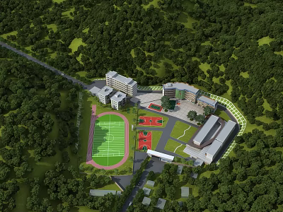 Modern School Building Complex With Classroom Structures Sports Field And Lush Green Campus 3d model