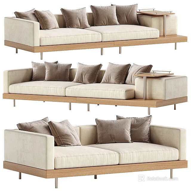 Modern Two Seater Sofa With Beige Upholstery Wooden Frame And Gray Cushions 3d model 