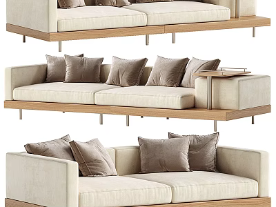 Modern Two Seater Sofa With Beige Upholstery Wooden Frame And Gray Cushions 3d model