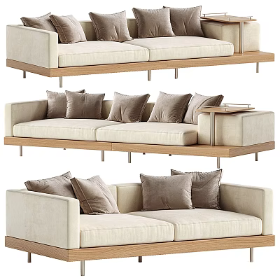 Modern Two Seater Sofa With Beige Upholstery Wooden Frame And Gray Cushions 3d model