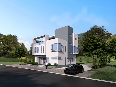 Modern Detached Villa Exterior Featuring Large Windows Surrounding Greenery And Car In Front 3d model