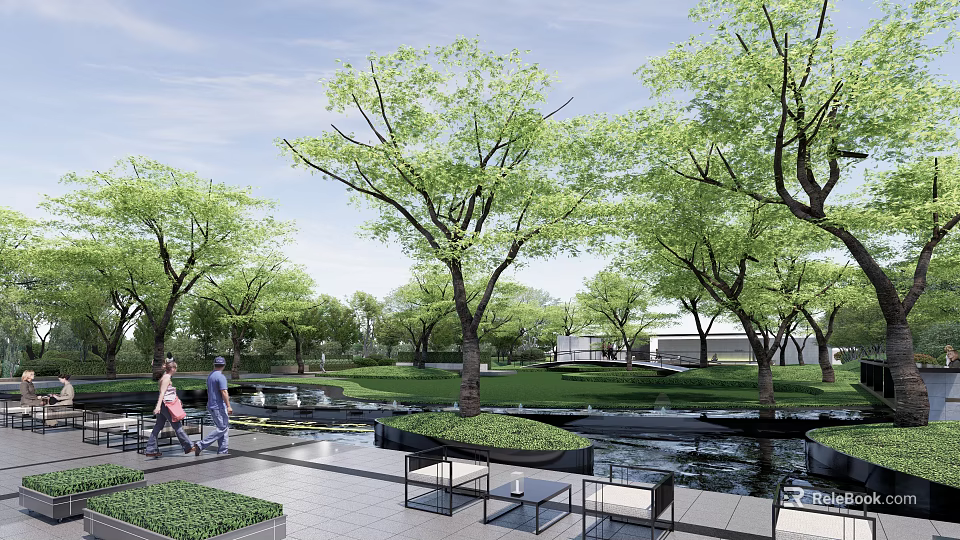 Tranquil Park Landscape With Green Trees Stone Pathways Water Ponds Seating Areas And People Walking 3d model 