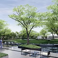 Tranquil Park Landscape With Green Trees Stone Pathways Water Ponds Seating Areas And People Walking