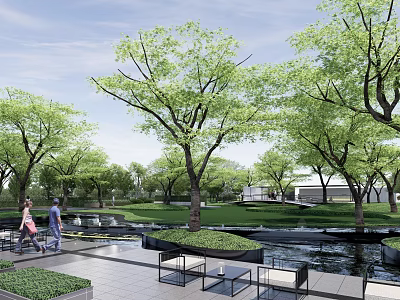 Tranquil Park Landscape With Green Trees Stone Pathways Water Ponds Seating Areas And People Walking 3d model