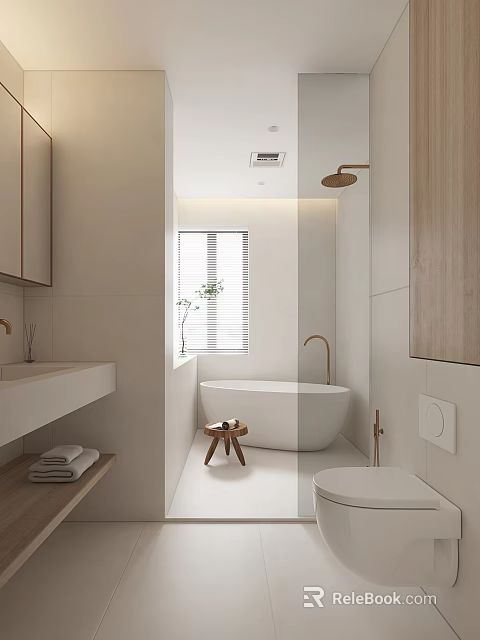 Modern Bathroom Interior Design With Freestanding Bathtub Wooden Vanity And Brass Fixtures 3d model 