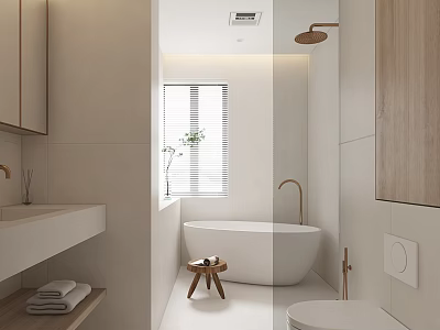 Modern Bathroom Interior Design With Freestanding Bathtub Wooden Vanity And Brass Fixtures 3d model