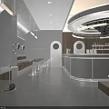 Minimalist Modern Café Interior With Coffee Bakes Goods Hall Circular Decorations Bench Tables Chairs Lighting