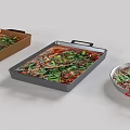 Three Pots of Colorful Chinese Dishes with Green Vegetables Red Broth and Meat