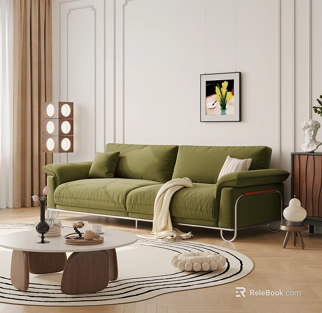 Stylish Green Three Seater Sofa with Pillows Blanket and Wall Art in Modern Living Room 3d model 