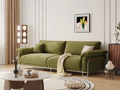 Stylish Green Three Seater Sofa with Pillows Blanket and Wall Art in Modern Living Room 3d model