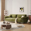 Stylish Green Three Seater Sofa with Pillows Blanket and Wall Art in Modern Living Room