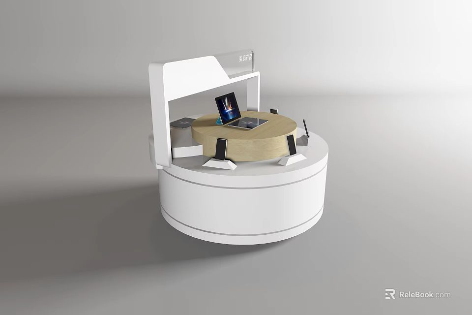 Round White Display Showcase With Wooden Top And Tablet Display Black Holders 3d model 