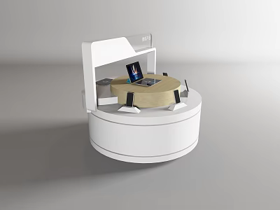 Round White Display Showcase With Wooden Top And Tablet Display Black Holders 3d model