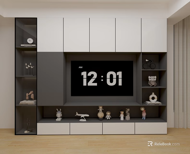 Modern TV Cabinet Design With Storage Cabinets Open Shelves TV Display And Decorative Ornaments 3d model 
