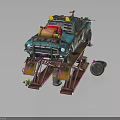 Turquoise Modified Car On Repair Lift With Yellow Engine Parts And Mechanical Tools
