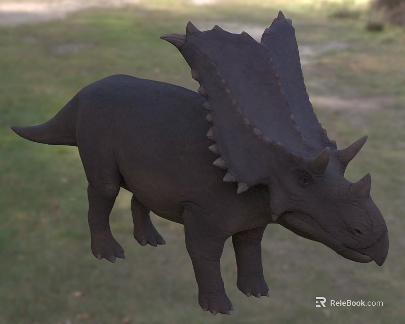 Dark Triceratops Dinosaur Model With Large Frill And Horns On Grass 3d model 