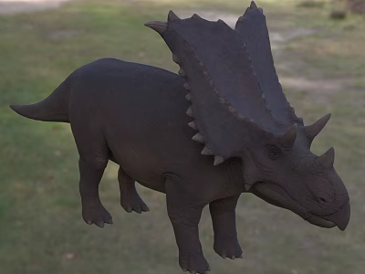 Dark Triceratops Dinosaur Model With Large Frill And Horns On Grass 3d model
