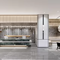 Elegant Modern Hotel Lobby With Marble Walls Circular Decor Black Chairs And Sleek Flooring
