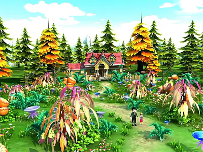 Enchanted Cartoon Scene With Red Roof Cottage Colorful Plants Tall Trees And Walking Figures 3d model