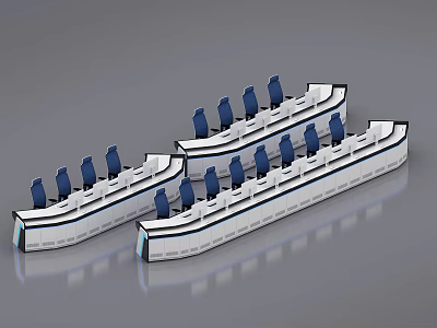 Control Room With Three Long White Consoles And Multiple Blue Seats With Blue Line Decorations 3d model