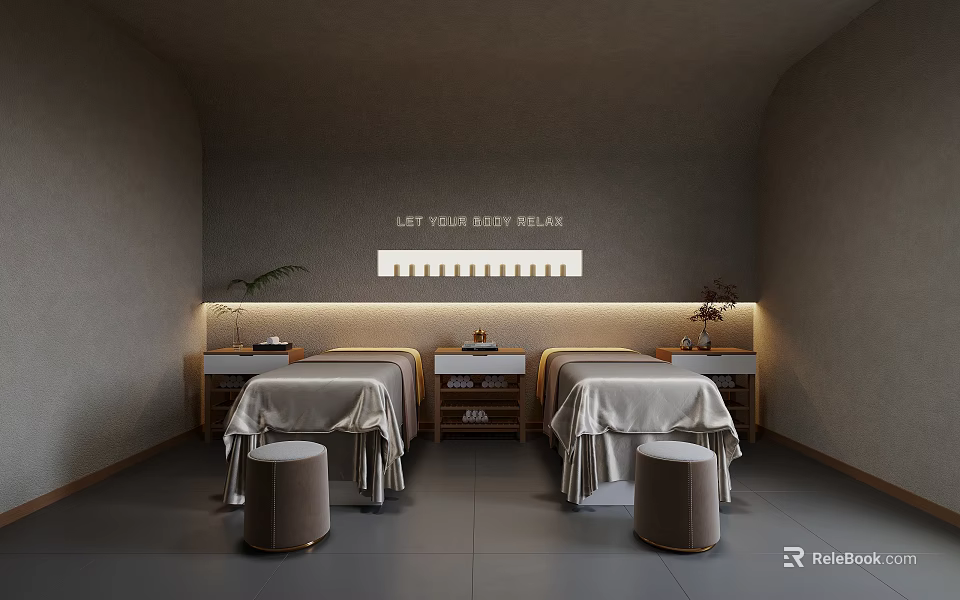 Relaxing SPA Sauna Interior With Two Massage Beds Stools Warm Lighting And Calming Theme 3d model 