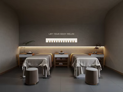 Relaxing SPA Sauna Interior With Two Massage Beds Stools Warm Lighting And Calming Theme 3d model