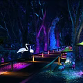 Enchanted Night Forest Scene With Glowing Trees Cranes Rabbits And Wooden Bridge