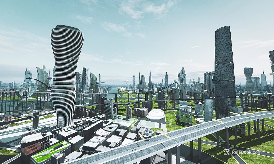 Hinged Door Design In Futuristic City Modern Skyscrapers And Green Spaces 3d model 