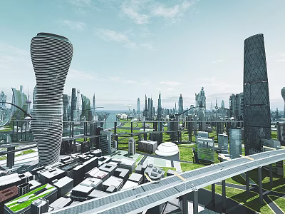 Hinged Door Design In Futuristic City Modern Skyscrapers And Green Spaces 3d model