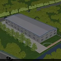 Industrial Factory Building Surrounded by Green Trees Near River Road with Cars Passing