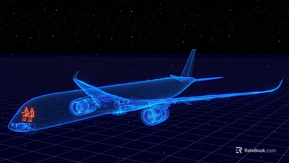 Blue Airplane 3D Model Rendering on Grid Background With Starry Sky 3d model 