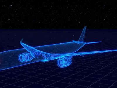 Blue Airplane 3D Model Rendering on Grid Background With Starry Sky 3d model