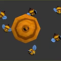 Yellow Honeycomb Structure Surrounded by Flying Small Bees with Blue Wings