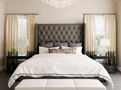 Double Bed With Tufted Headboard White Bedding Nightstands Table Lamps And Curtains 3d model