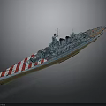 Large Military Battleship with Red White Striped Bow Blue Hull and Turrets on Deck