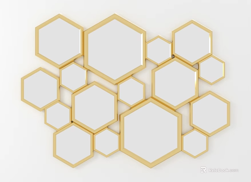 Stylish Modern Hexagonal Wall Mirrors With Gold Frame For Home Decor 3d model 